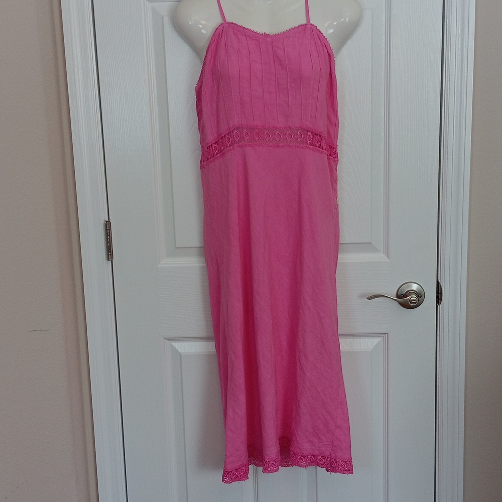 Heartstring Women's Size L Pink Spaghetti Straps  Dress Buttons Lace 100% Linen